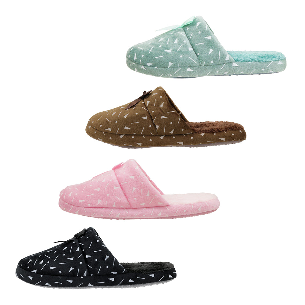 Women's Retro Printed Mule Bedroom SLIPPERS w/ Embroidered Ribbon Bow & Faux Fur Soft Footbed