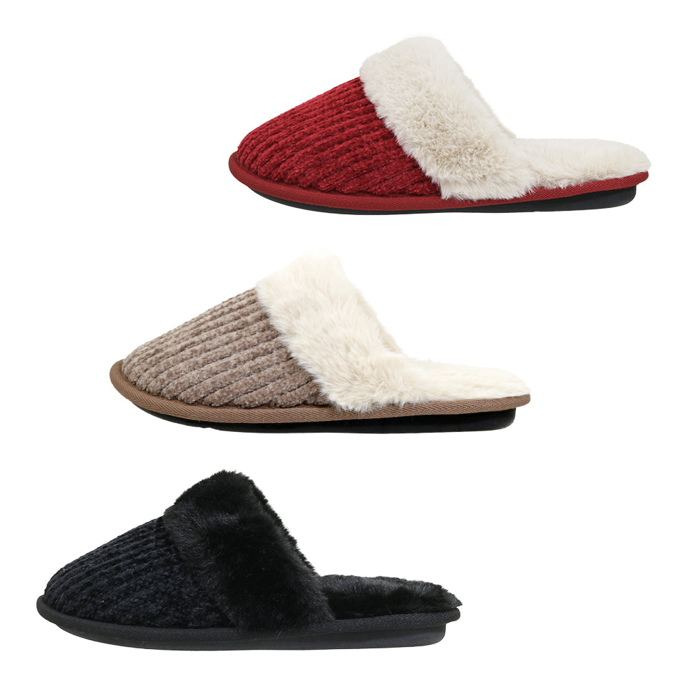 Women's Cable Knit Mule Bedroom SLIPPERS w/ Faux Fur Trim & Footbed