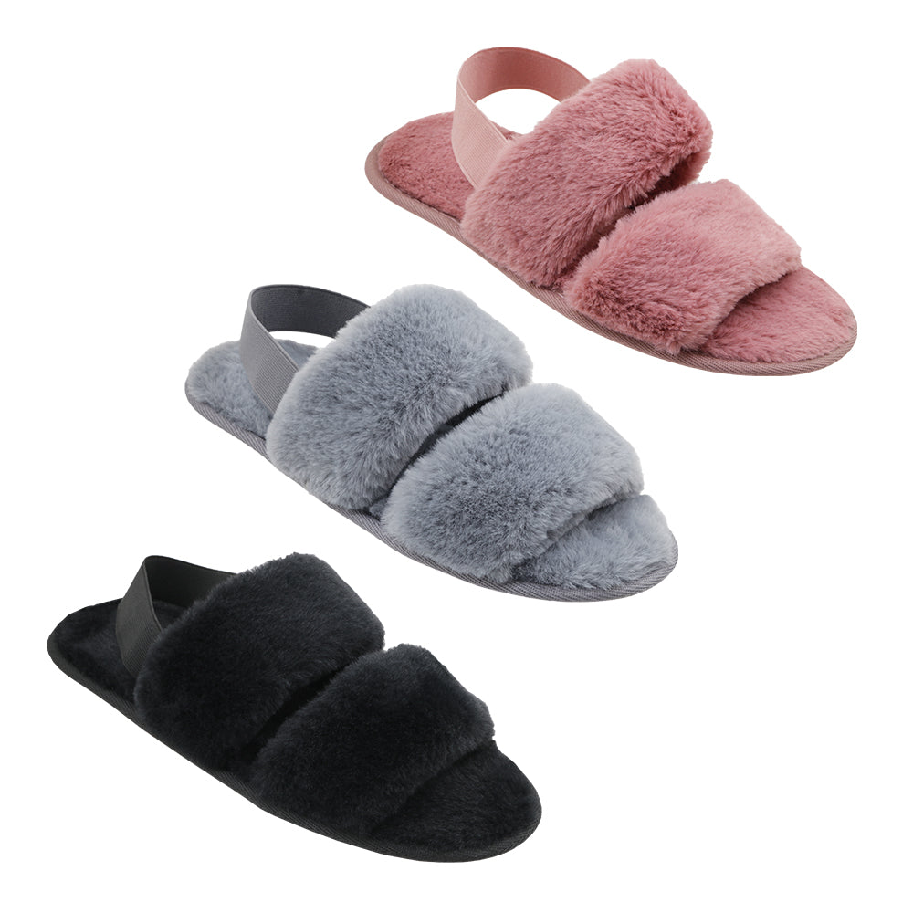 Women's Faux Fur Rio Bedroom SLIPPERS w/ Elastic Heel Strap & Soft Footbed