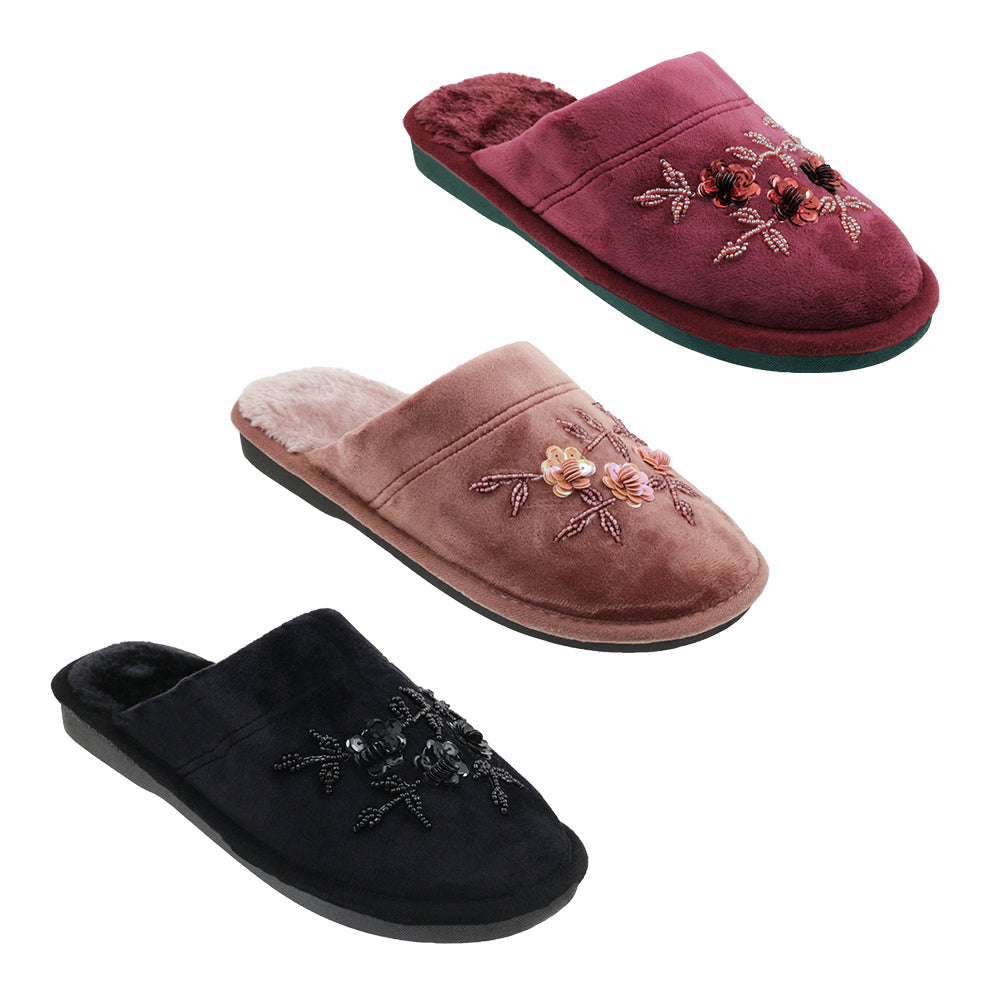 Women's Mule Bedroom SLIPPERS w/ Embroidered Roses & Faux Fur Footbed