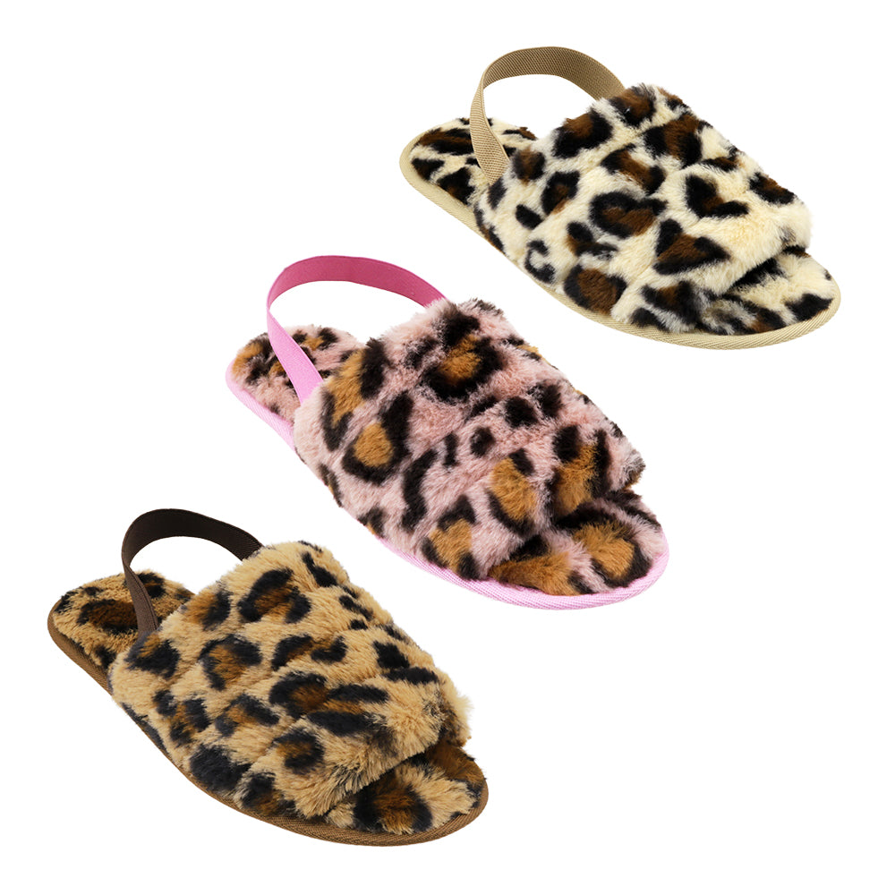 Women's Leopard Faux Fur Bedroom Slide SLIPPERS w/ Elastic Heel Strap & Soft Footbed