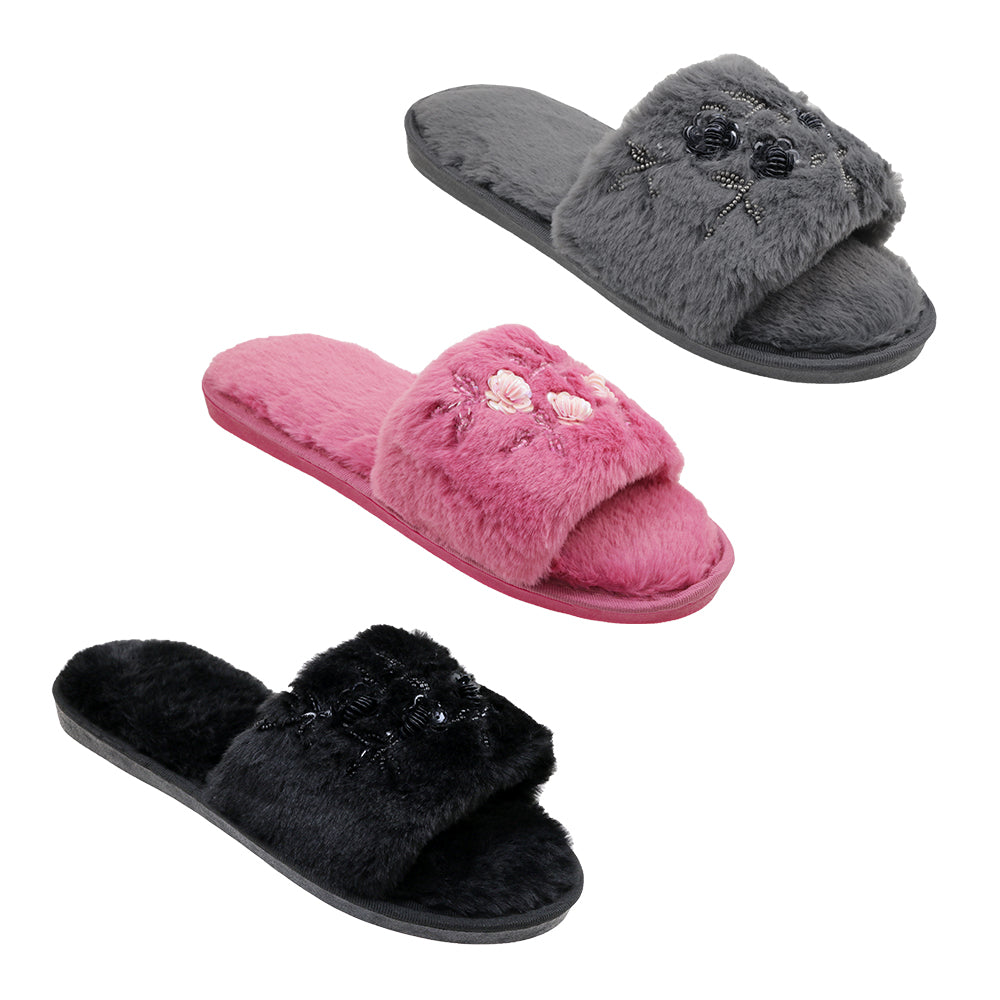 Women's Faux Fur Bedroom Slide SLIPPERS w/ Embroidered Roses & Soft Footbed