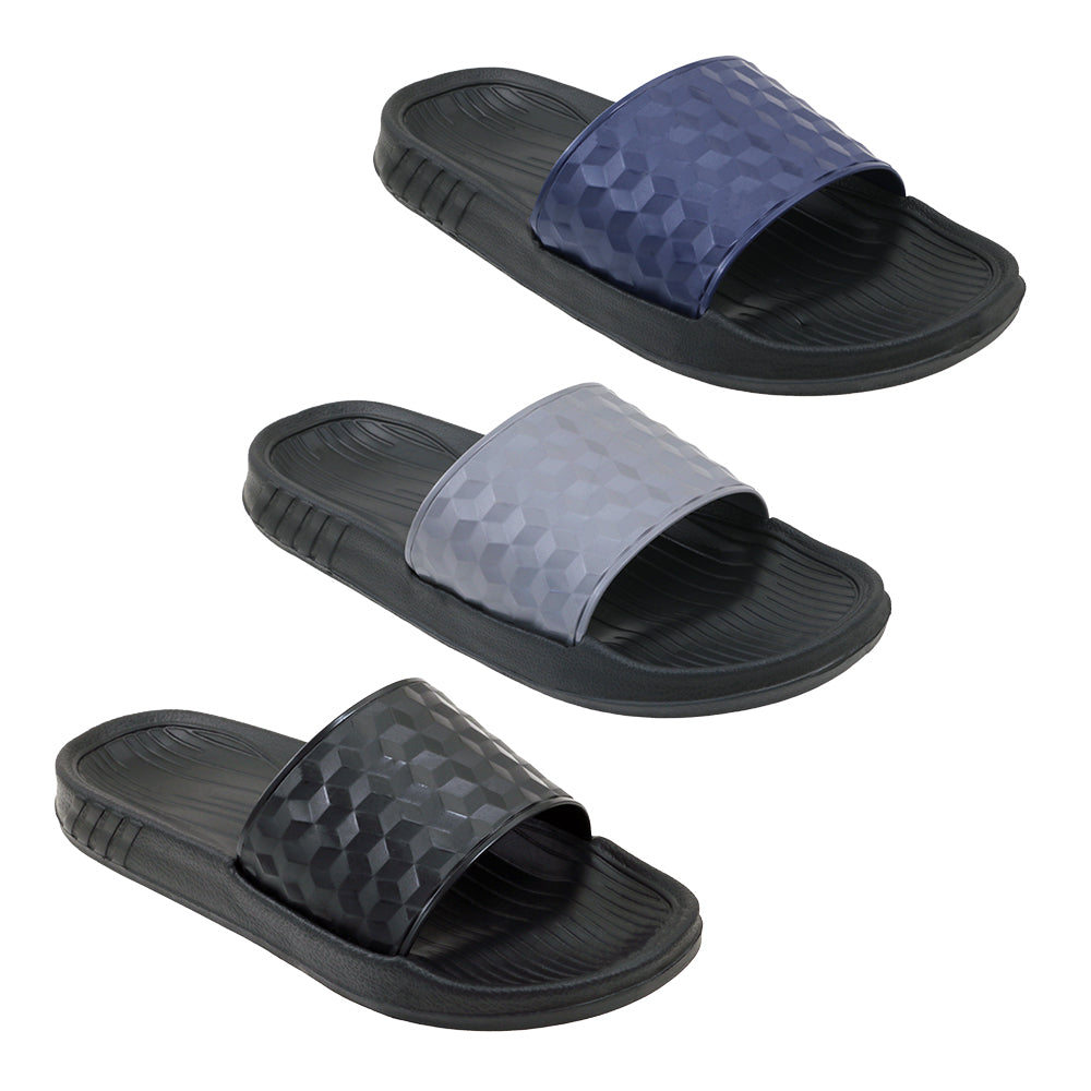 Men's Athletic Slide SANDALS w/ Embroidered Geometric Patterns & Soft Textured Footbed