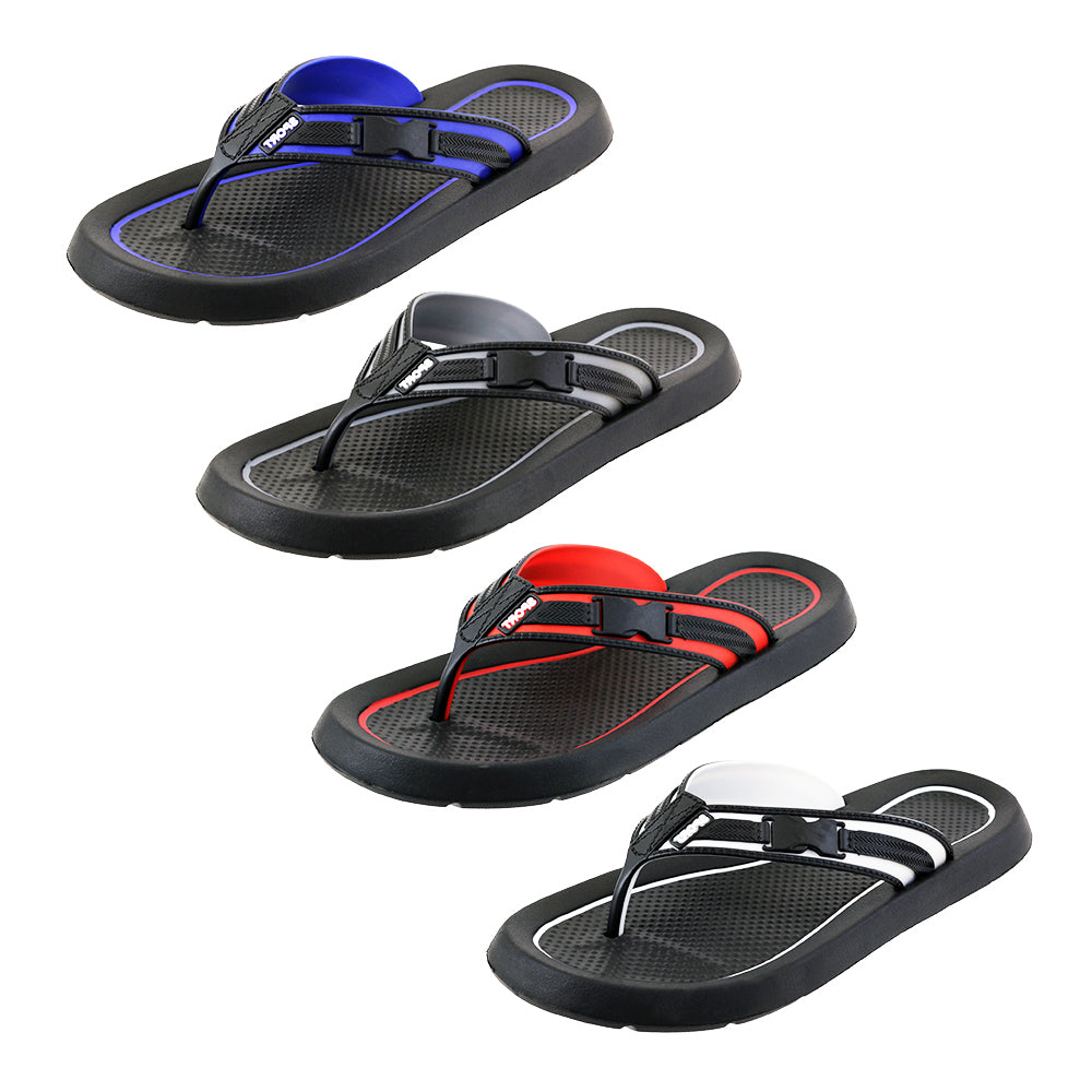 Men's Athletic Wedge Flip Flop SANDALS w/ Embroidered Clip-On Buckle & Soft Textured Footbed