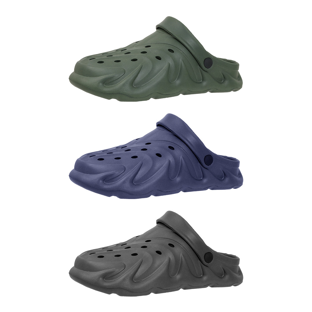 Men's Vented Slip-On CLOGS w/ Adjustable Heel Strap & Embroidered Ocean Waves