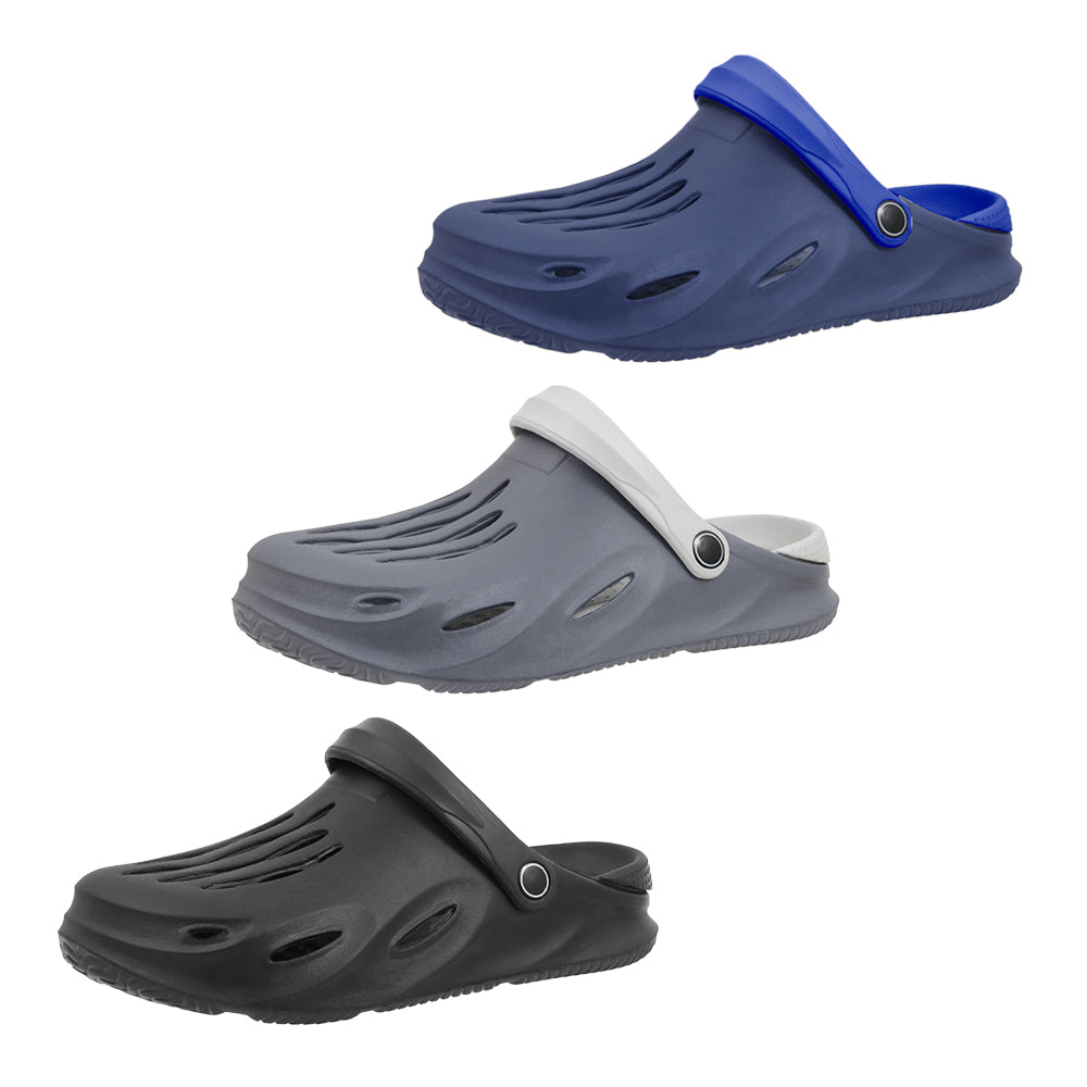 Men's Vented Slip-On Bubble CLOGS w/ Two Tone Adjustable Heel Strap & Embroidered Smooth Wave