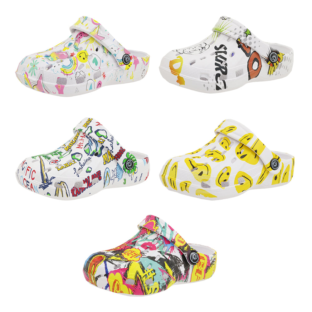 Children's Toddler Printed CLOGS w/ Adjustable Strap Soft Footbed - Graffiti & Emoji Print