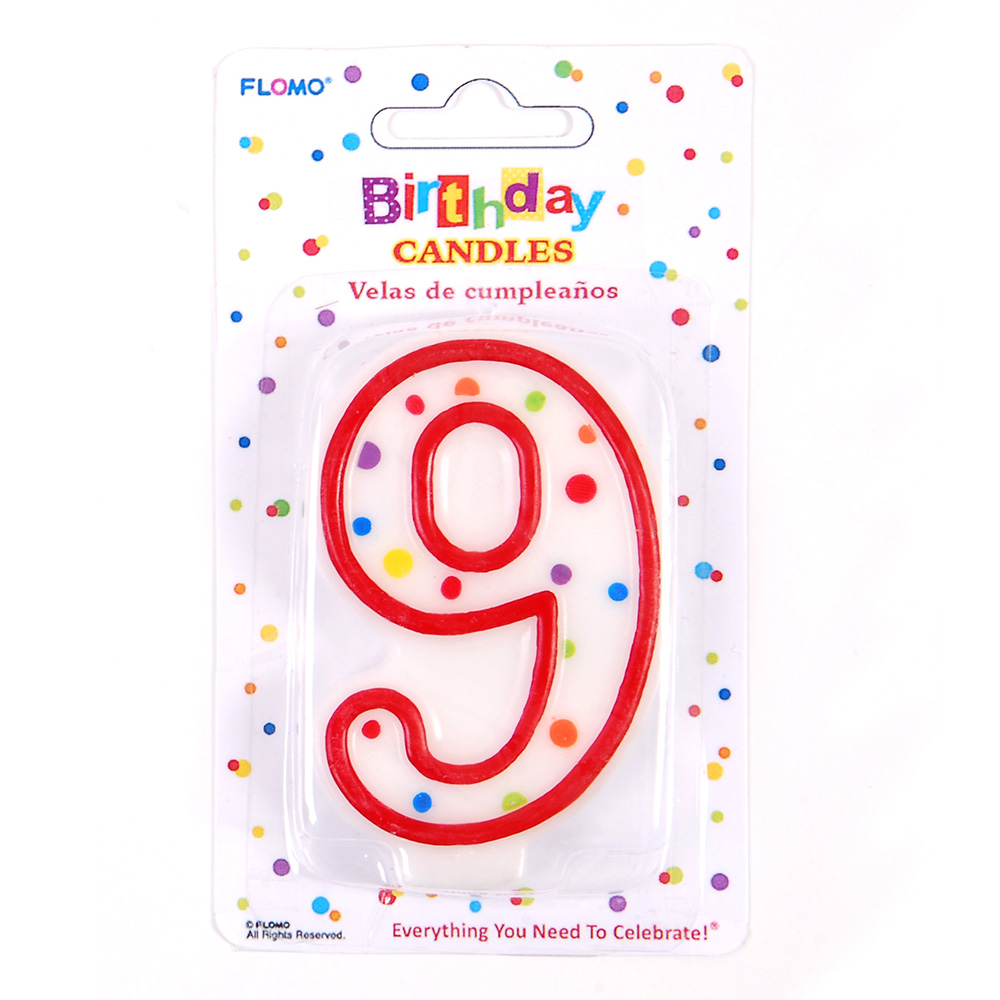 ''Red & White Birthday CANDLEs w/ Dots - Numerical ''''9'''' ''