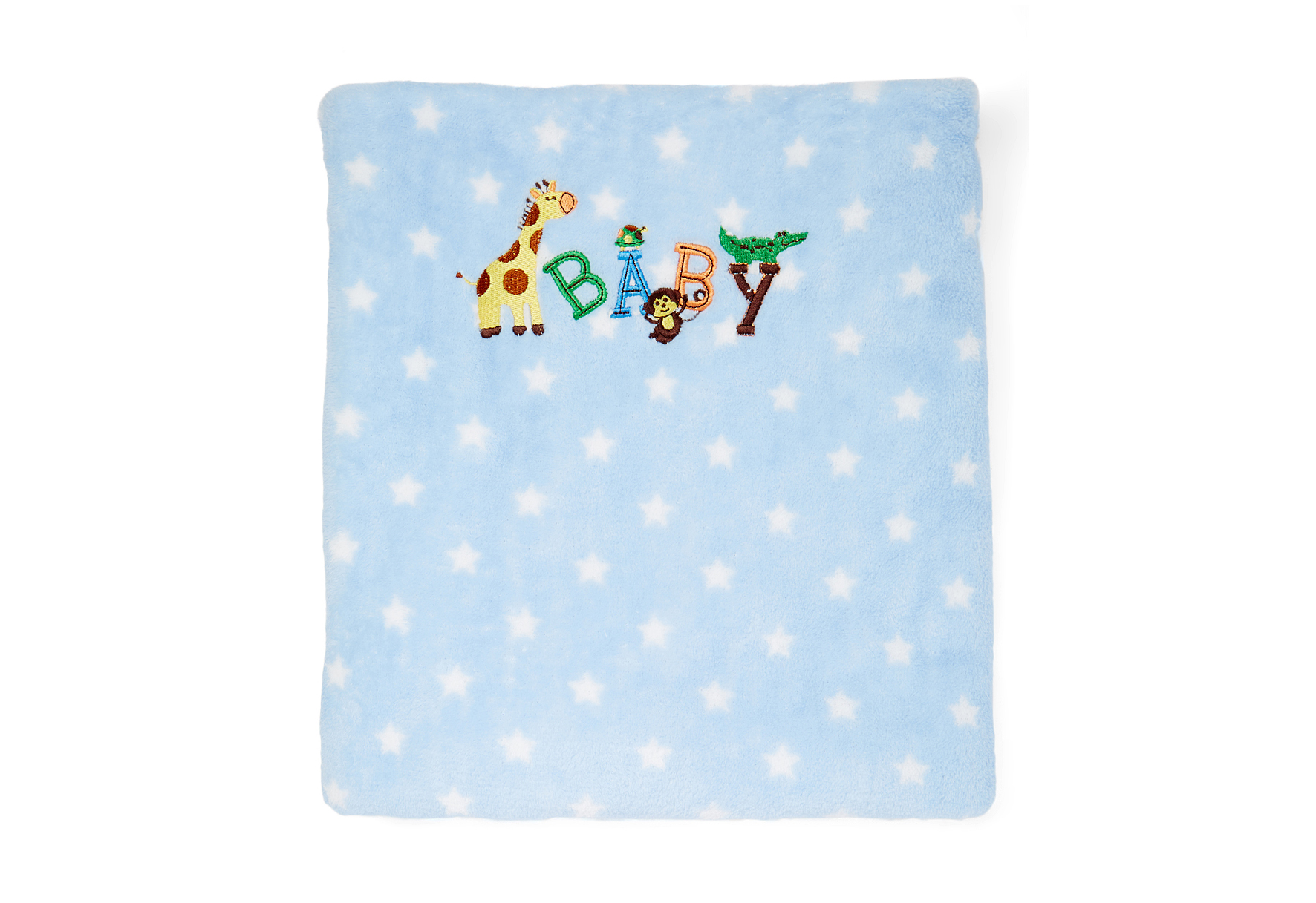 Printed Baby BLANKETs w/ Embroidered Baby & Animal Print - Light Blue