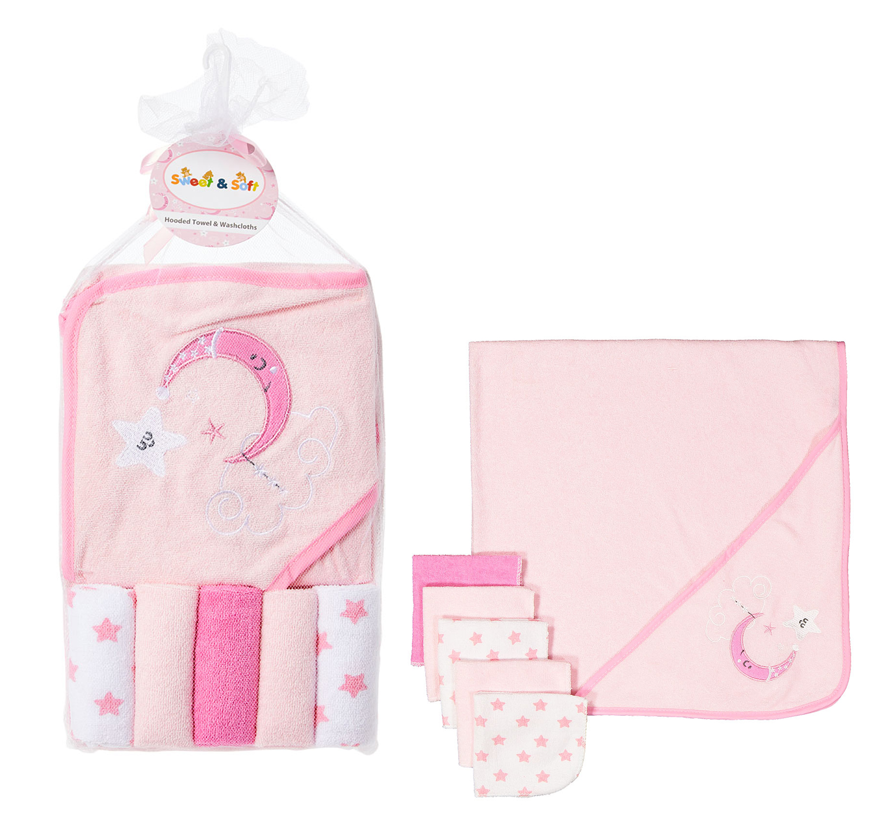 Baby Bathing Hooded Towel Sets w/ 5-Pack Washcloths & Embroidered Night Sky - Pink