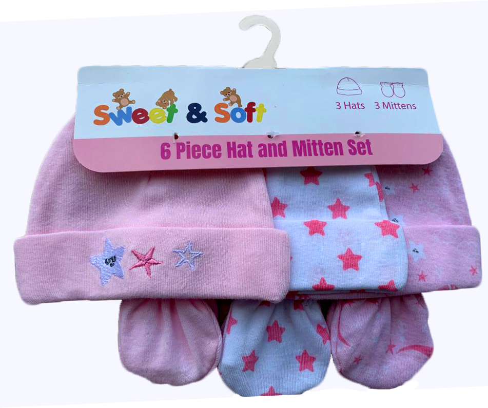6-Piece Embroidered Baby HAT & Mittens Sets w/ Cloud & Moon Print - Pink