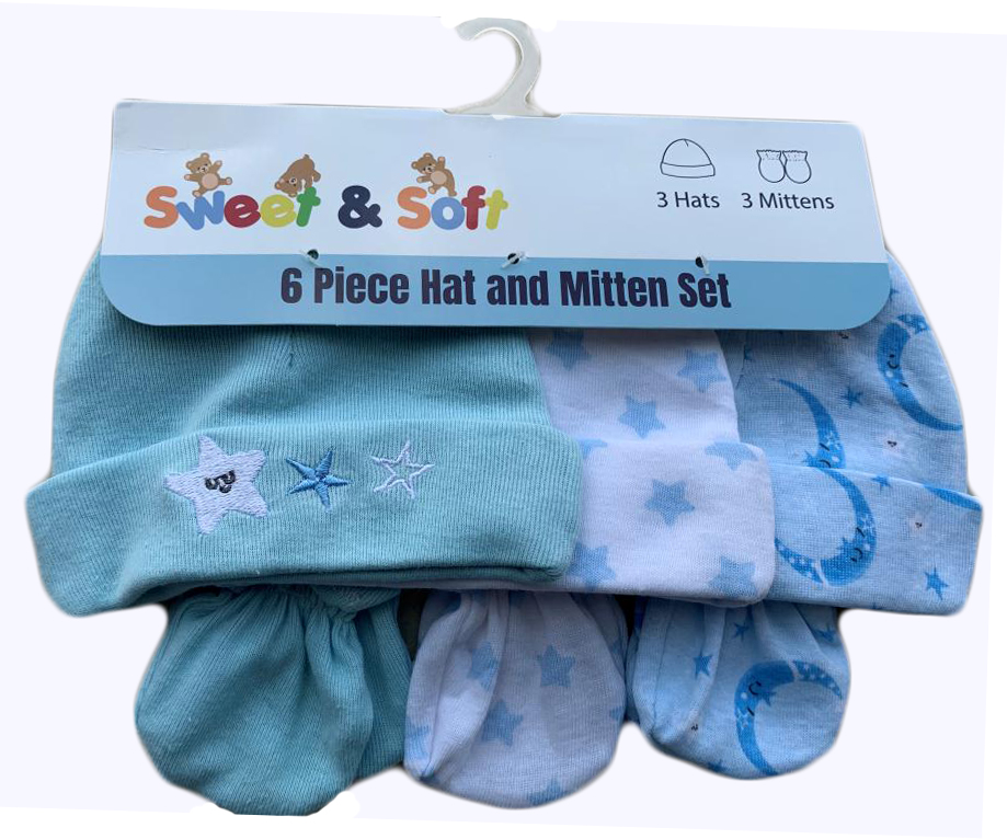 6-Piece Embroidered Baby HAT & Mittens Sets w/ Cloud & Moon Print - Blue