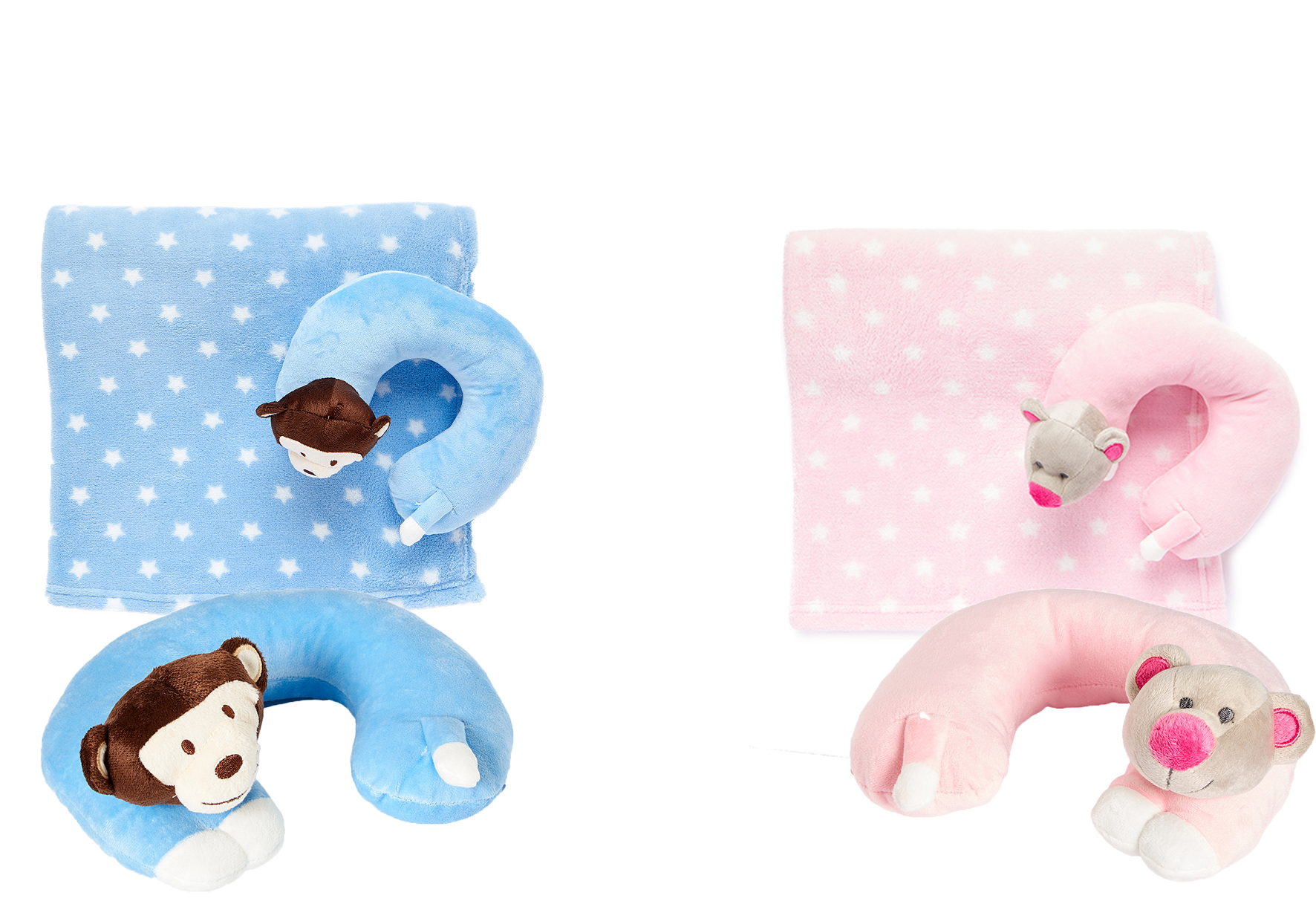 Printed Baby BLANKETs w/ Plush Animal Neck Pillow