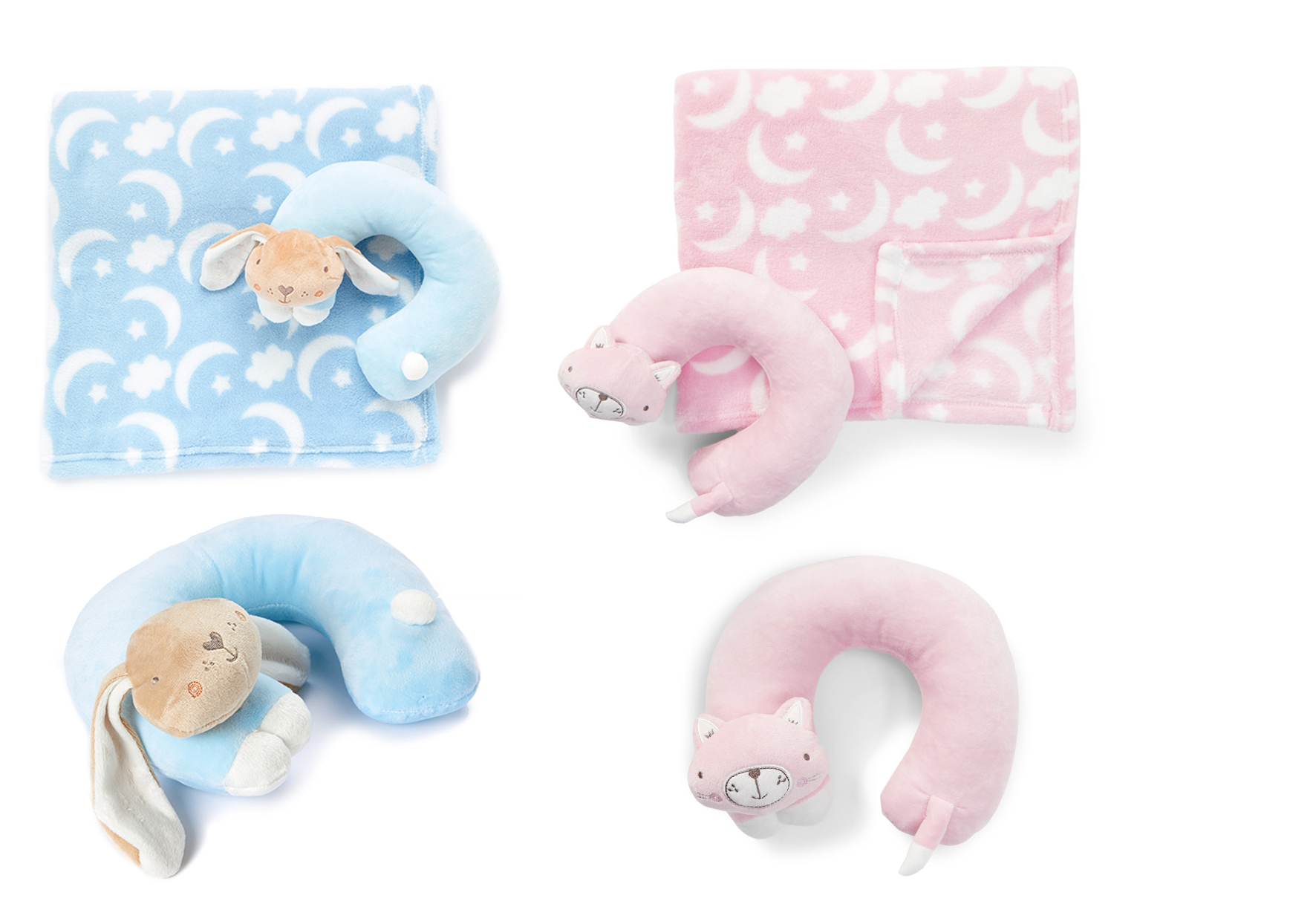 Printed Baby Blankets w/ Plush Cat & Bunny Neck PILLOW