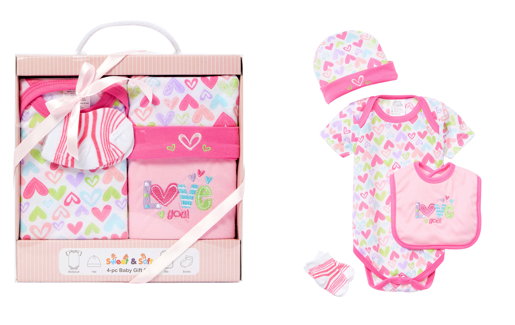 4 PC. Baby Girl's Gift Box Sets w/ Embroidered Heart & Love Print