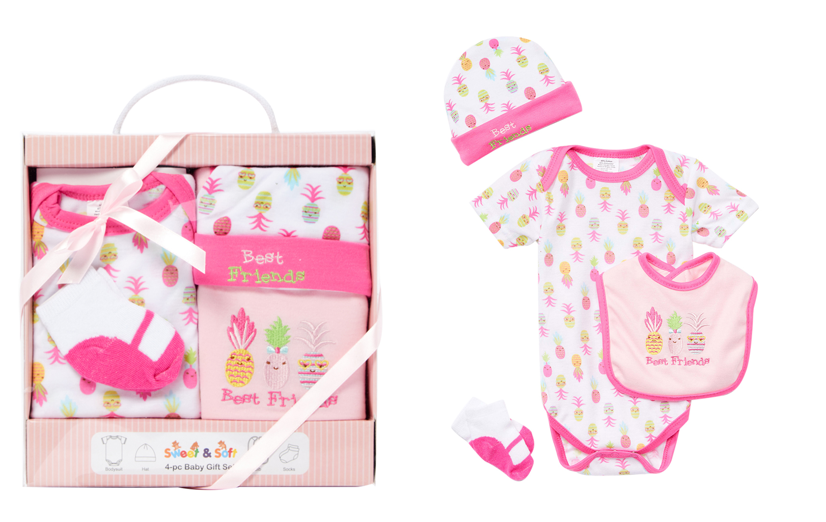 4 PC. Baby Girl's Gift Box Sets w/ Embroidered Best Friend & Pineapple Print