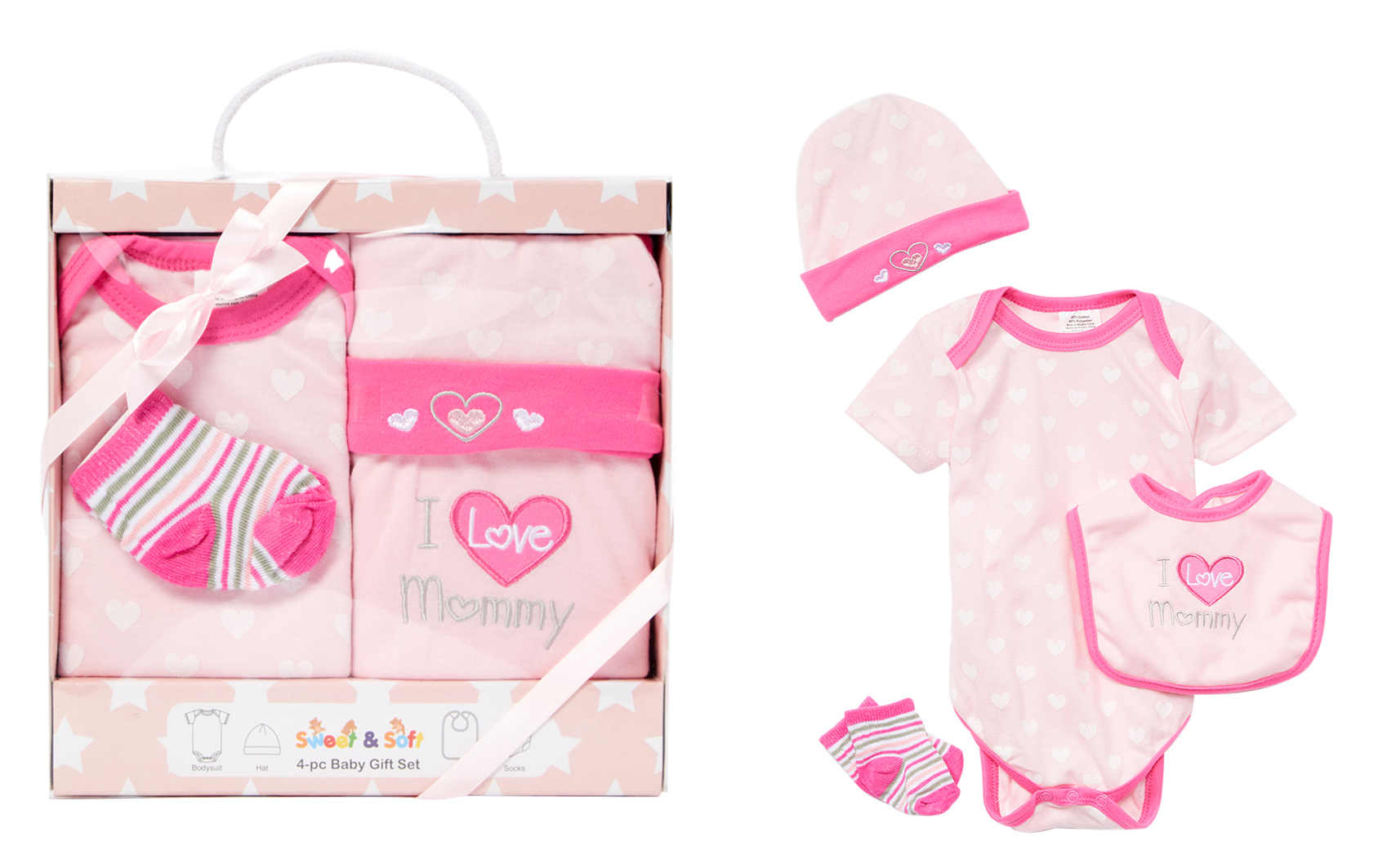 4 PC. Baby Girl's Gift Box Sets w/ Embroidered Heart & I Love Mom Print