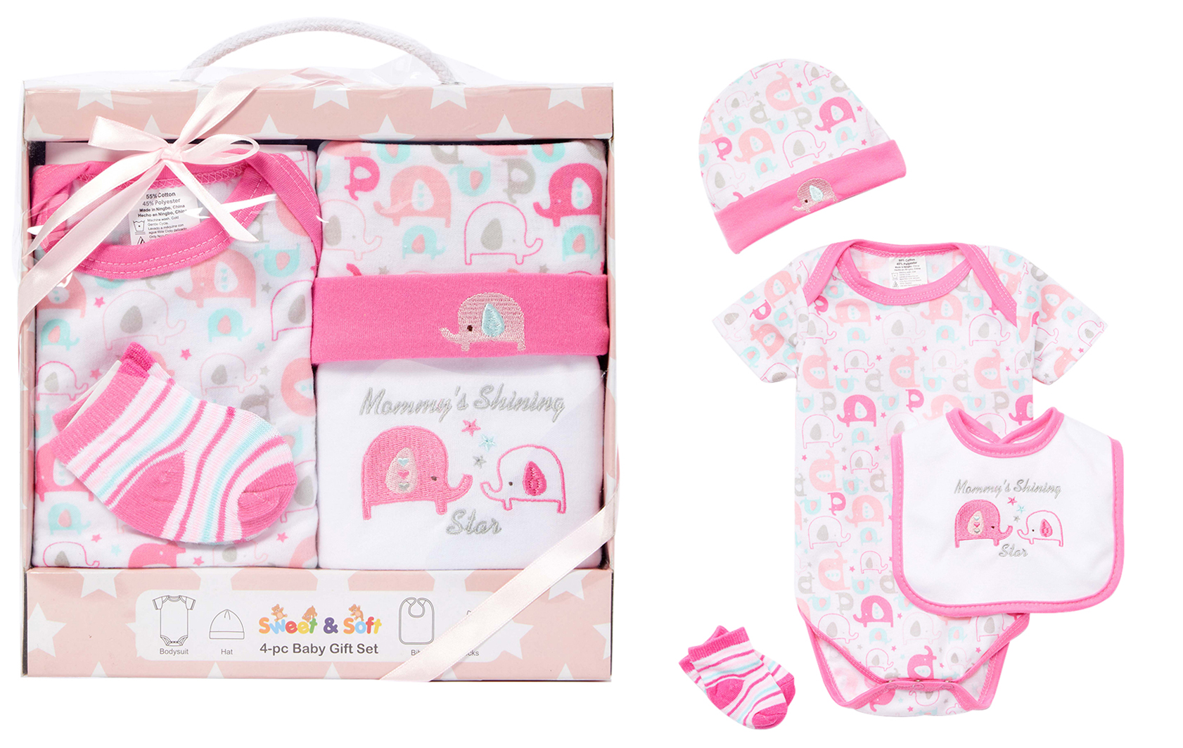 4 PC. Baby Girl's Gift Box Sets w/ Embroidered Elephant Print