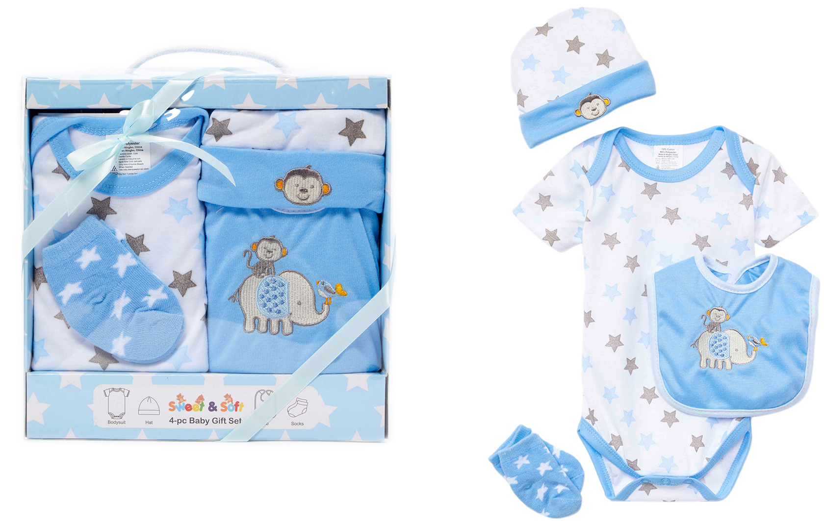 4 PC. Baby Boy's Gift Box Sets w/ Embroidered Elephant & Monkey Print