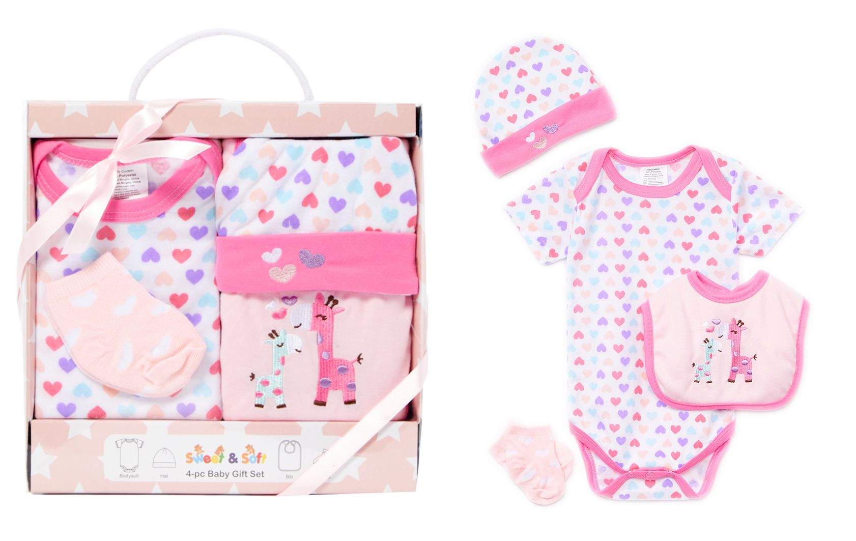 4 PC. Baby Boy's Gift Box Sets w/ Embroidered Giraffe & Heart Print