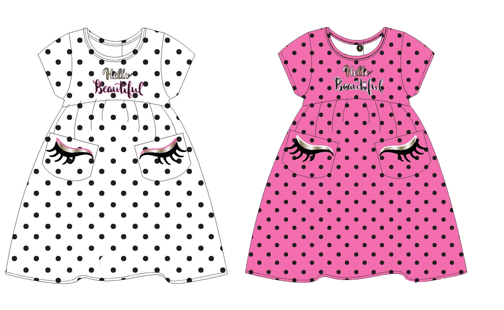 Infant Girl's Knit Hello Beautiful Dresses w/ Polka Dots & Blush Eye-Lash Print - Sizes 12M-24M