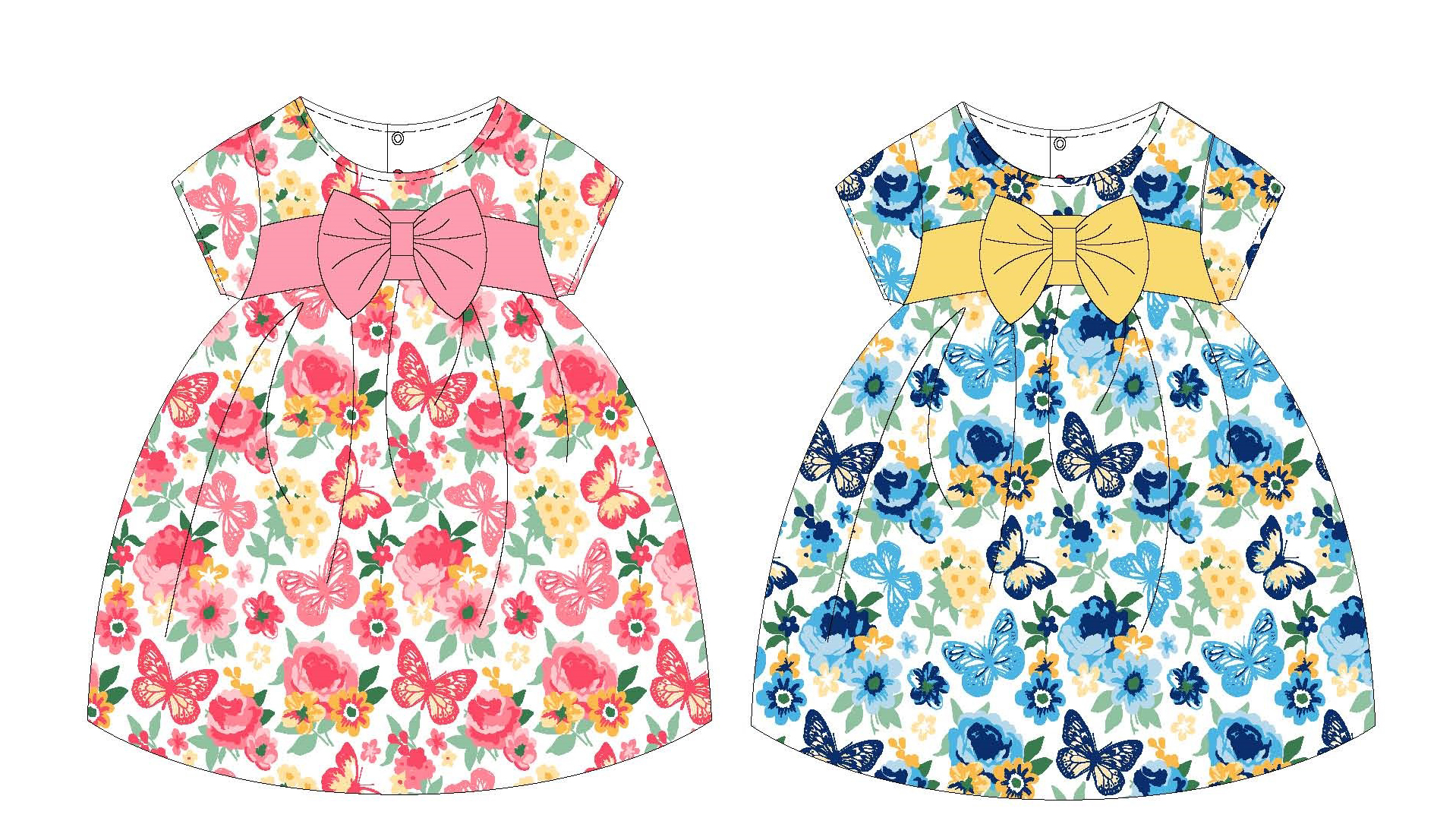 Infant Girl's Knit Printed Dresses w/ Embroidered Ribbon Bow & Butterfly Print - Sizes 0/3M-9M