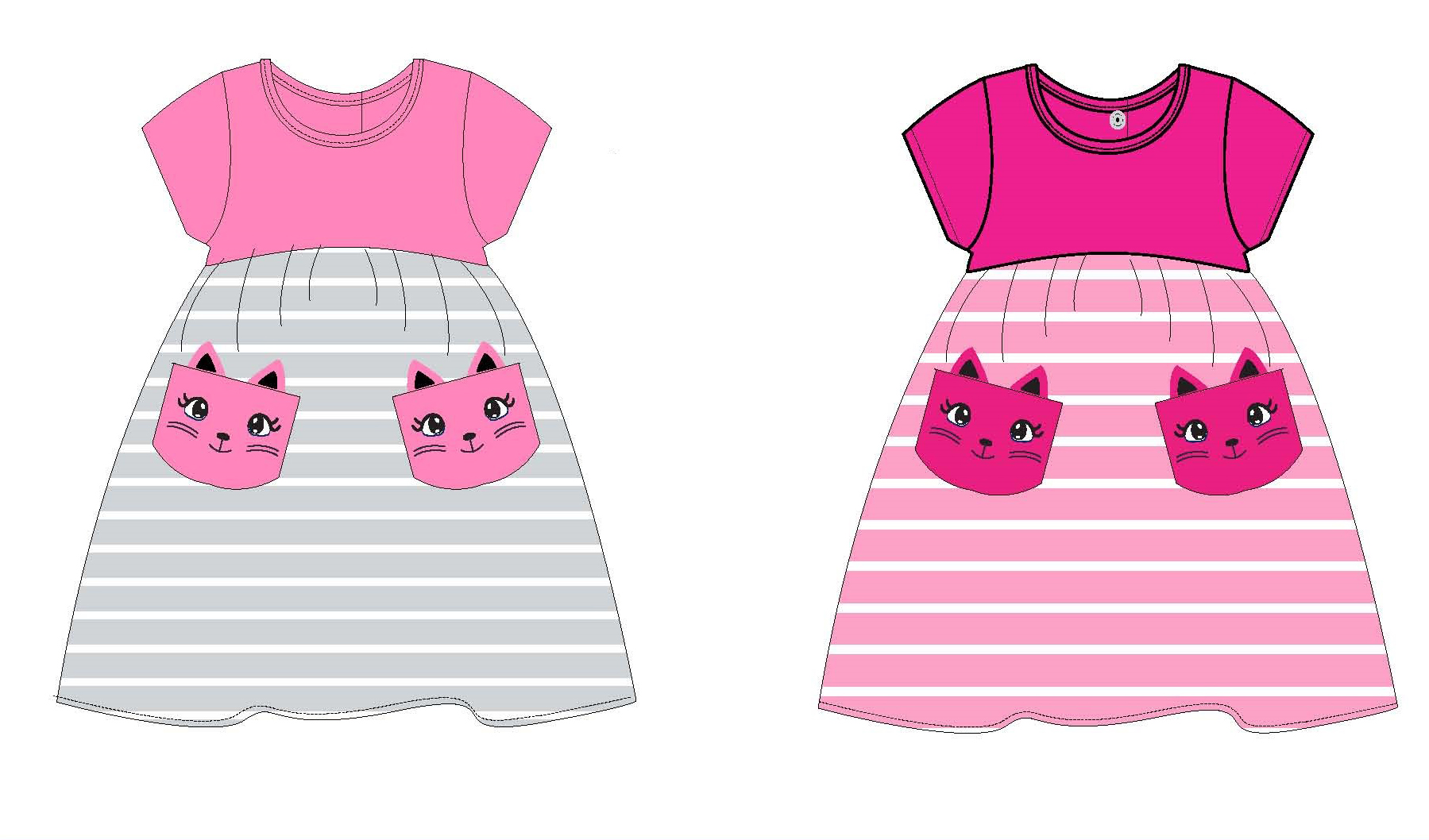 Infant Girl's Knit Striped Dresses w/ Embroidered Cat Printed Pockets - Sizes 0/3M-9M