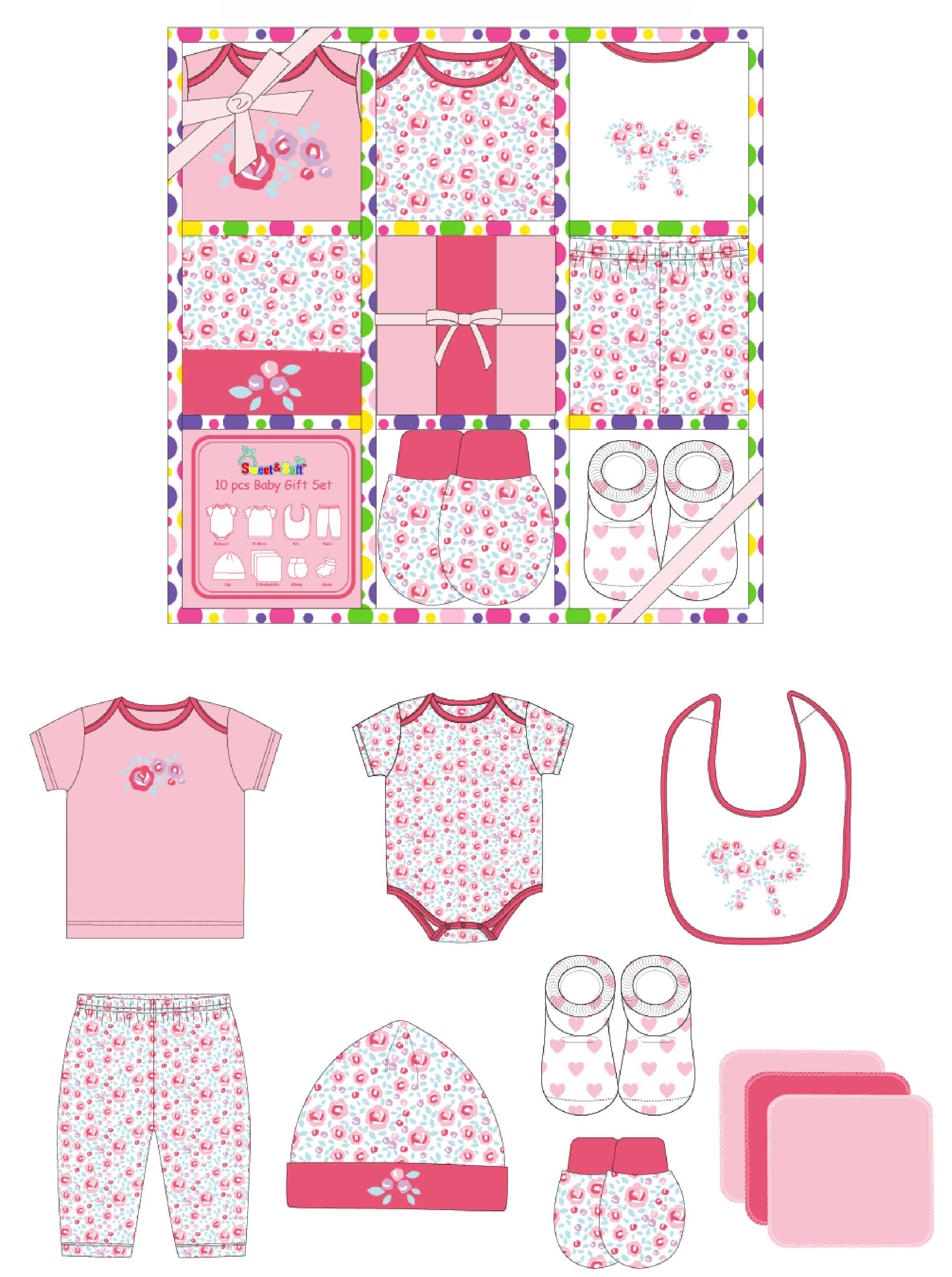 10 PC. Infant Girl's Gift Sets w/ Embroidered Floral Print