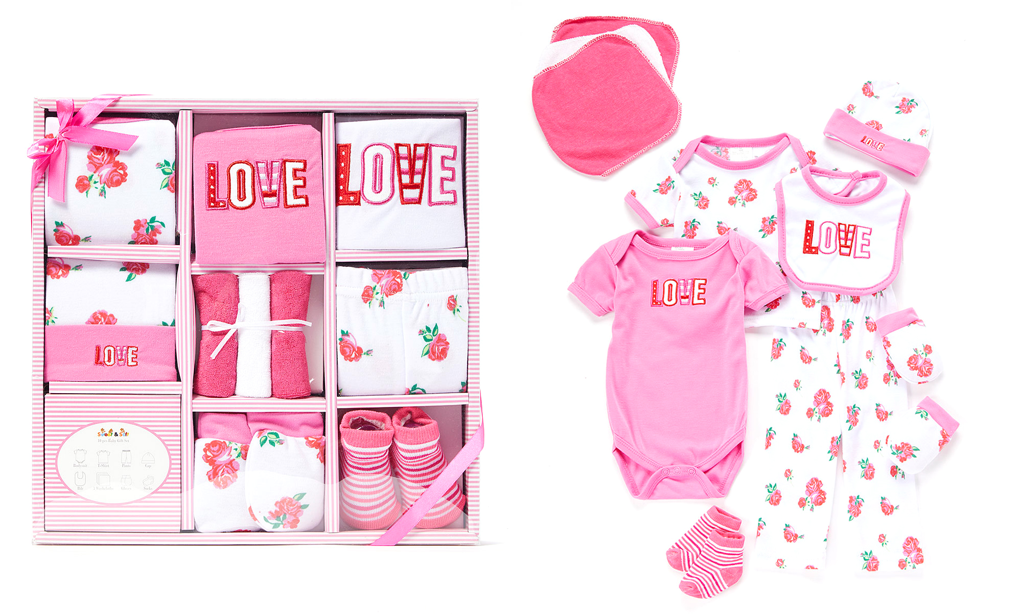 10 PC. Infant Girl's Gift Sets w/ Embroidered Love & Floral Print