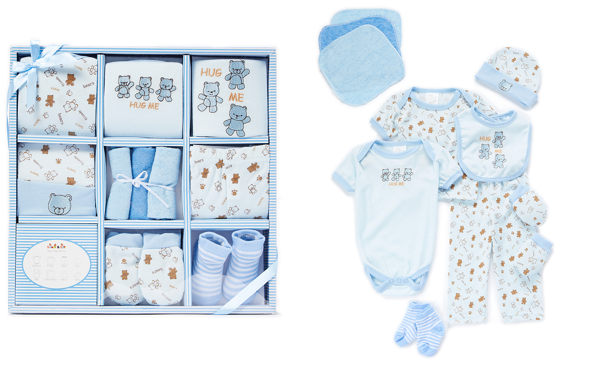 10 PC. Infant Boy's Gift Sets w/ Embroidered Hug Me Teddy Bear Print