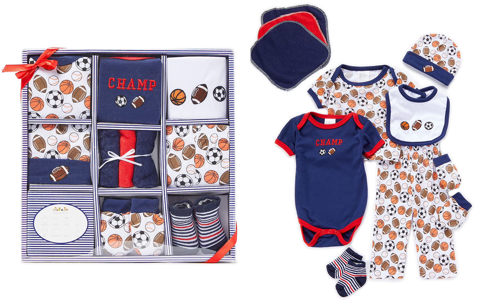 10 PC. Infant Boy's Gift Sets w/ Embroidered Champion Sports Print