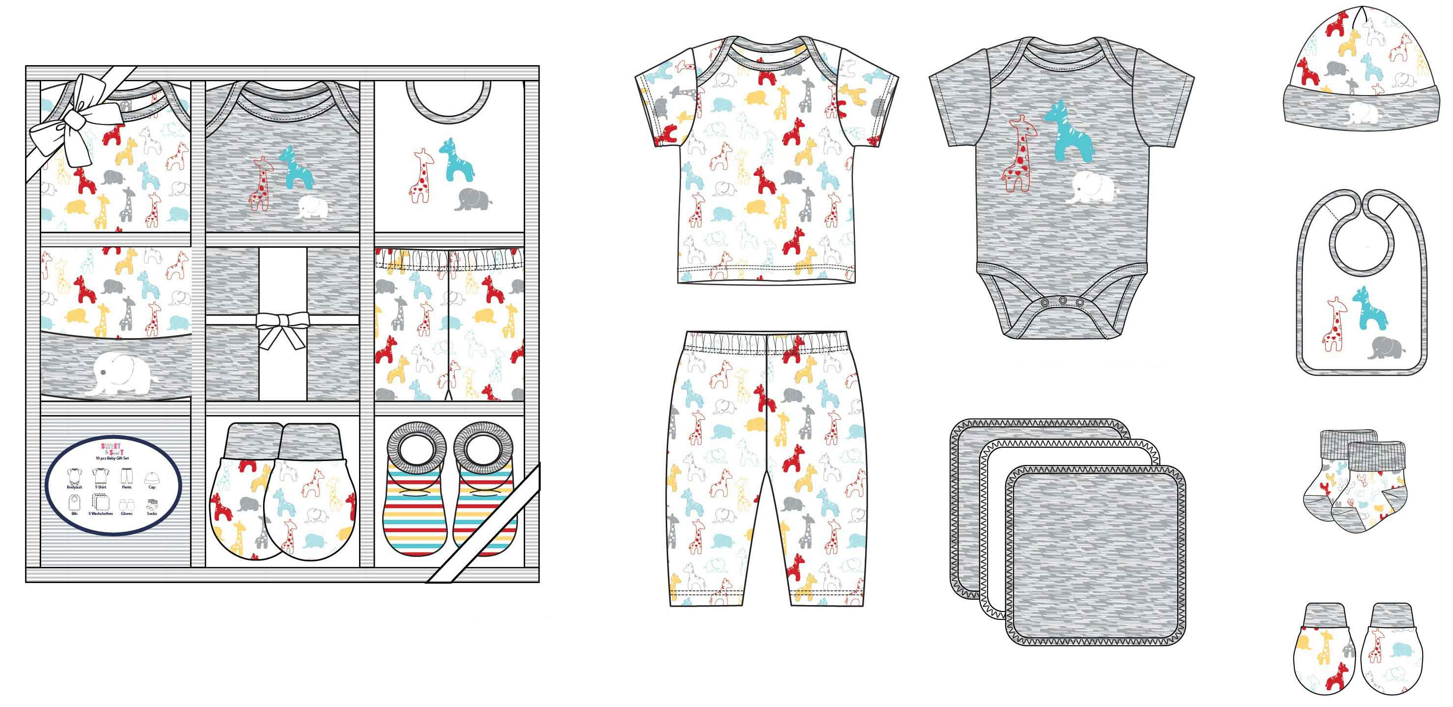 10-Piece Heathered Newborn Baby Girl Gift Box Set w/ Giraffe & Elephant Print