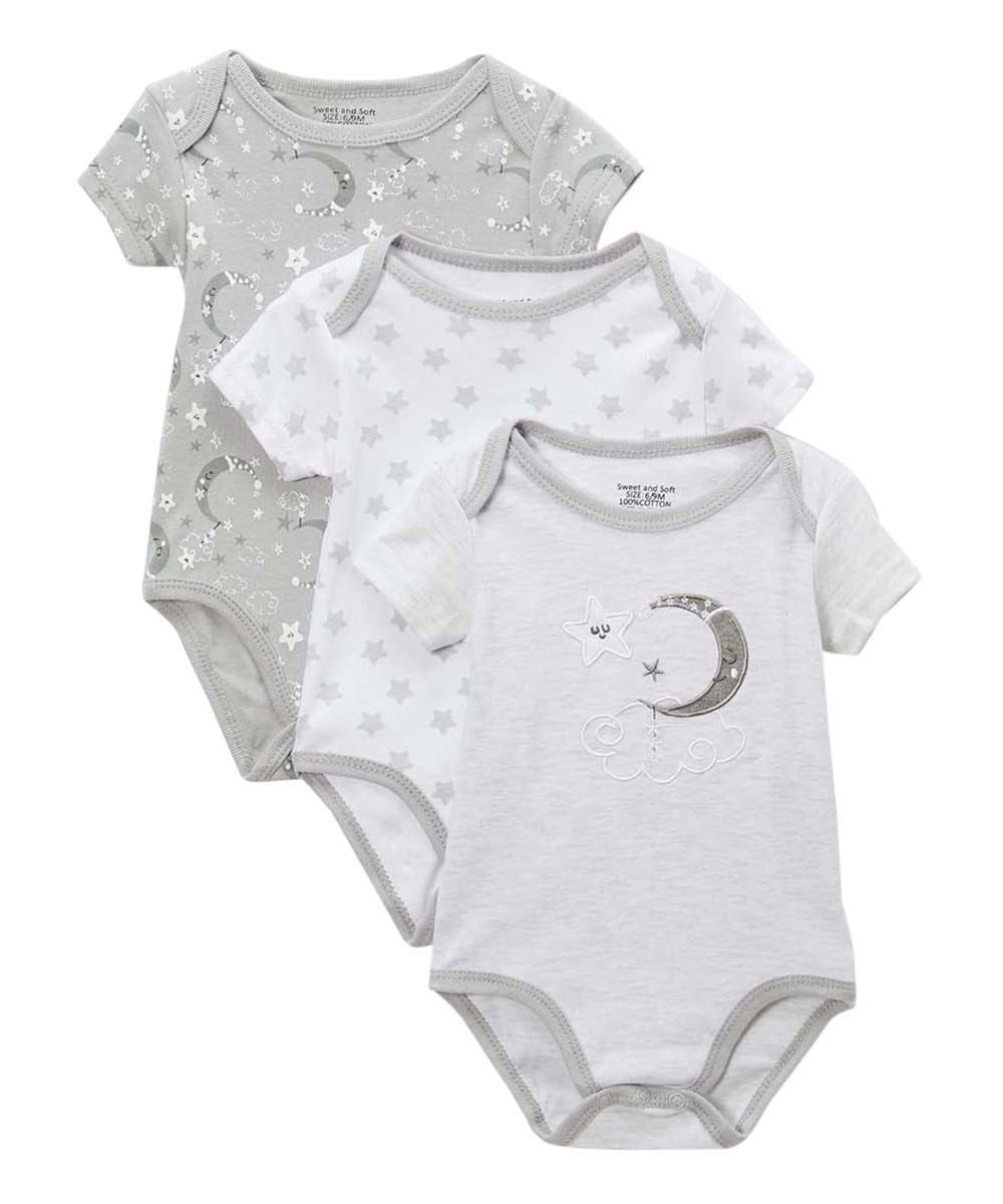 Gender Neutral Short-Sleeve Onesie Sets w/ Embroidered Cloud & Moon- 3-Pack