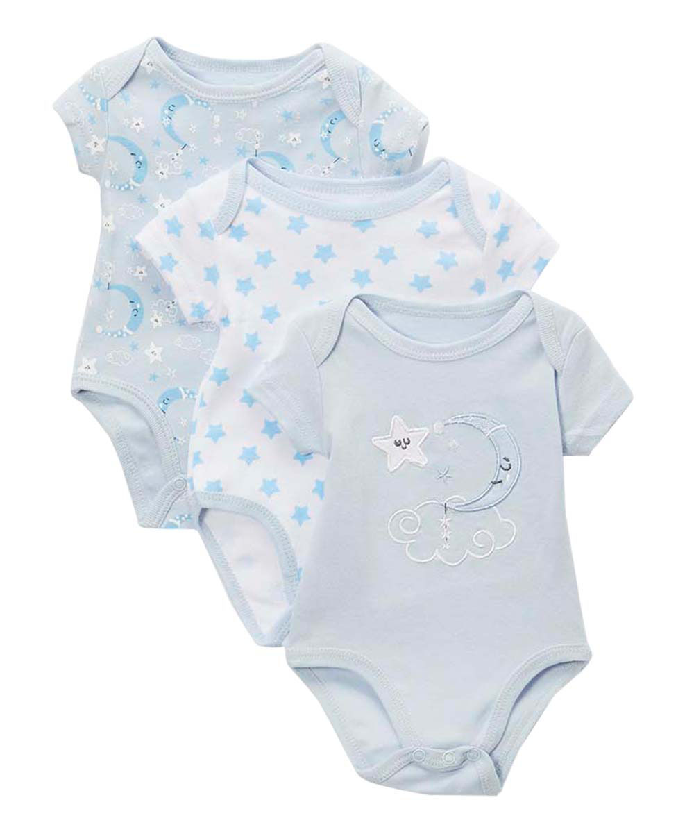 Baby Boy's Short-Sleeve Onesie Sets w/ Embroidered Cloud & Moon- 3-Pack
