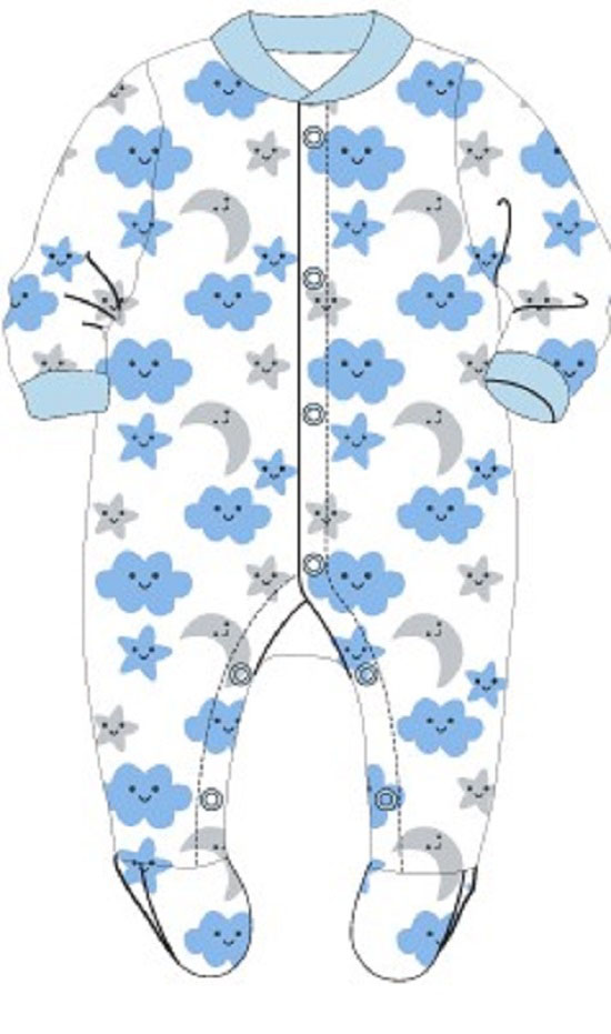 Newborn Baby's Coral Fleece Footed PAJAMAS w/ Cloud & Moon Print - Size 0M-9M