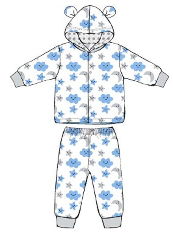 Baby's Coral Fleece Hooded PAJAMAS & Pants Set w/ Cloud & Moon Print - Size 3M-12M