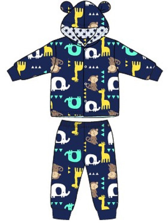 Baby's Coral Fleece Hooded PAJAMAS & Pants Set w/ Animal Jungle Print - Size 3M-12M