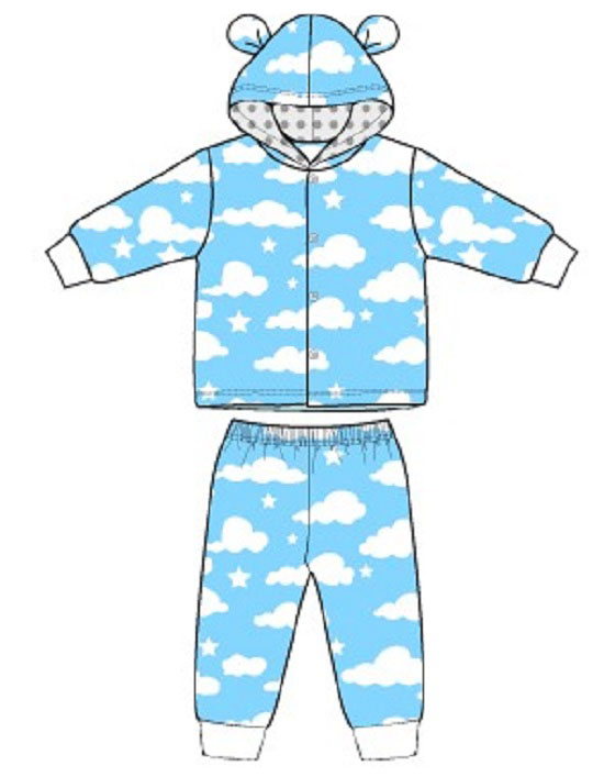 Baby's Coral Fleece Hooded PAJAMAS & Pants Set w/ Cloud Print - Size 3M-12M