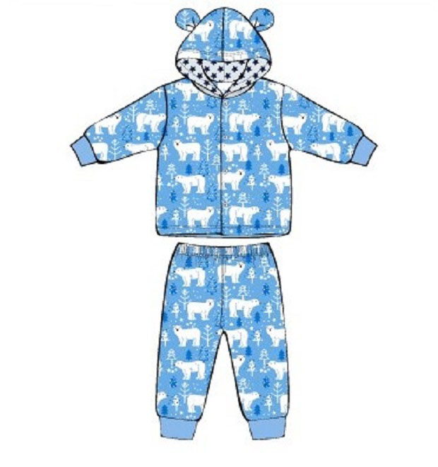 Baby's Coral Fleece Hooded PAJAMAS & Pants Set w/ Polar Print - Size 3M-12M