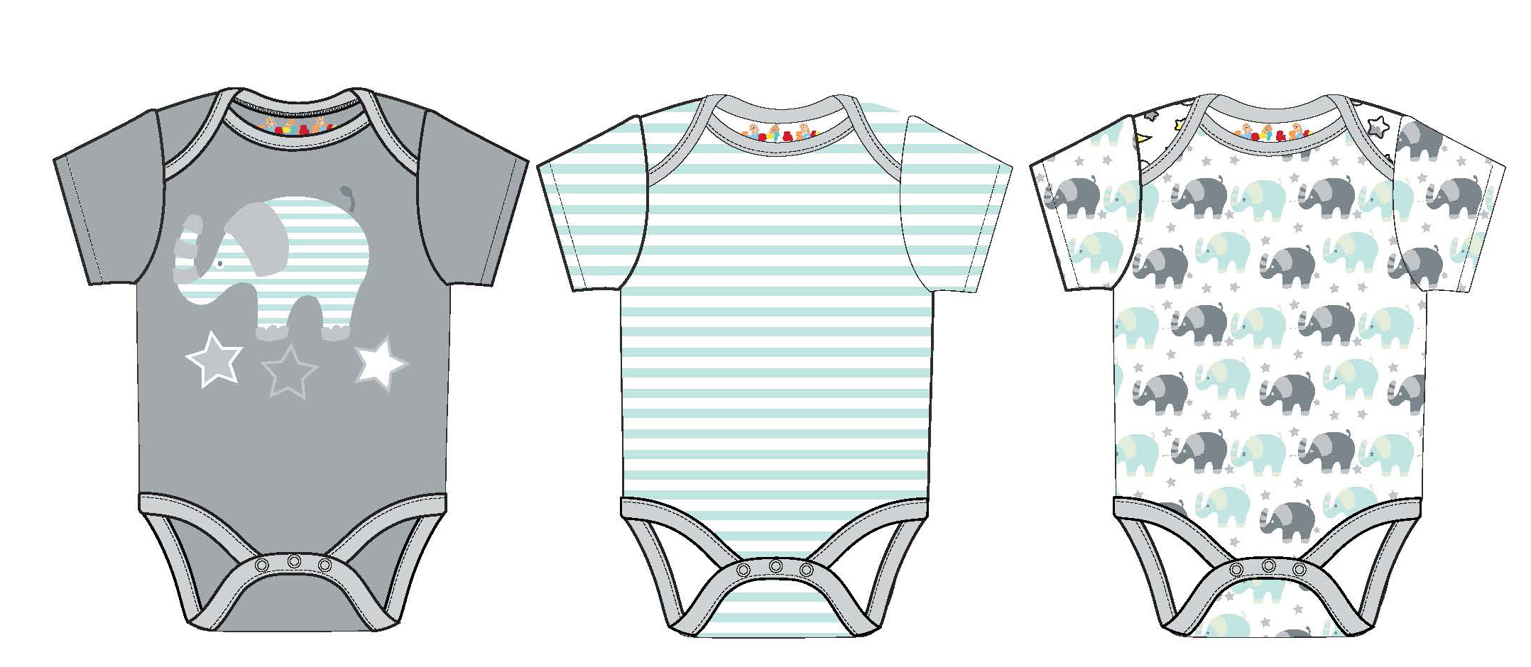 Gender Neutral Baby's Printed Short-Sleeve Onesie w/ Stripes & Elephant Print - Sizes 0/3M-9M