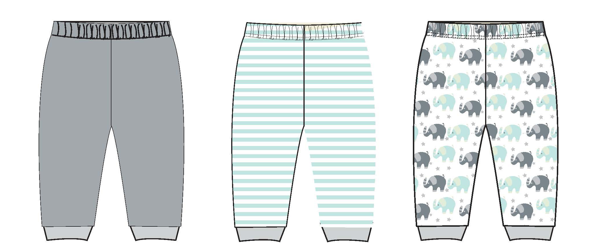 ''Gender Neutral Baby's Printed Pull-On PANTS w/ Striped, Solid, & Elephant Print - Sizes 0/3M-9M''