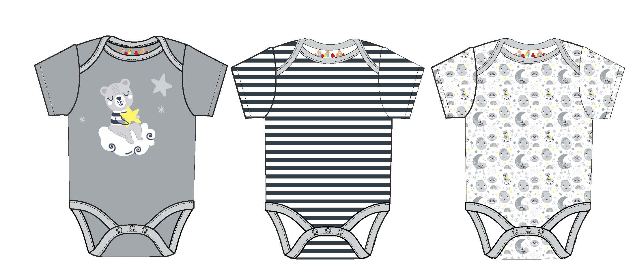 ''Gender Neutral Baby's Printed Short-Sleeve Onesie w/ Stripes, Night Sky, Embroidered Bear Print - S