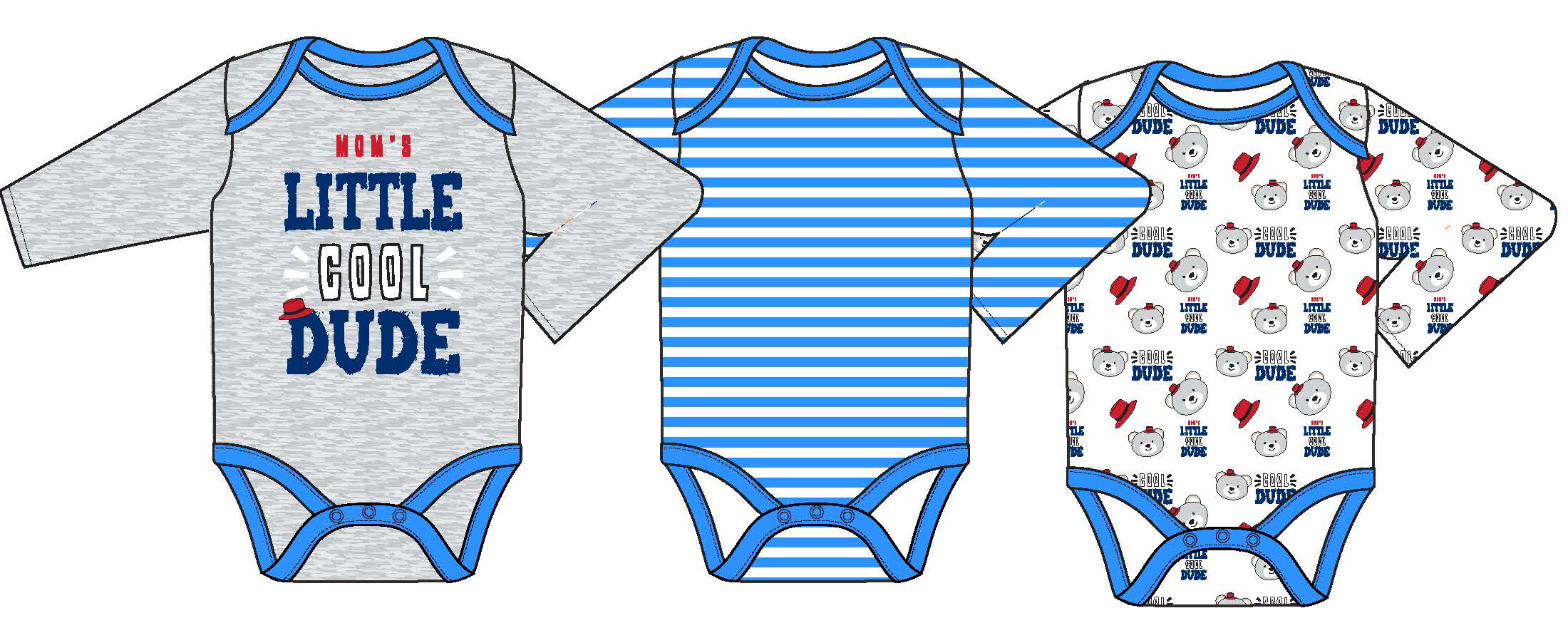Baby Boy's Printed Bodysuit Onesies w/ Cool Dude Bear & Striped Print - 3-Pack