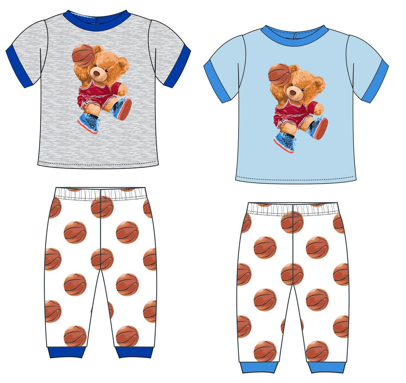 Boy's 2 PC. Rib Pajama Sets w/ Short-Sleeve Shirt & Pull-On Pants - BASKETBALL Bear Print - Sizes 2T