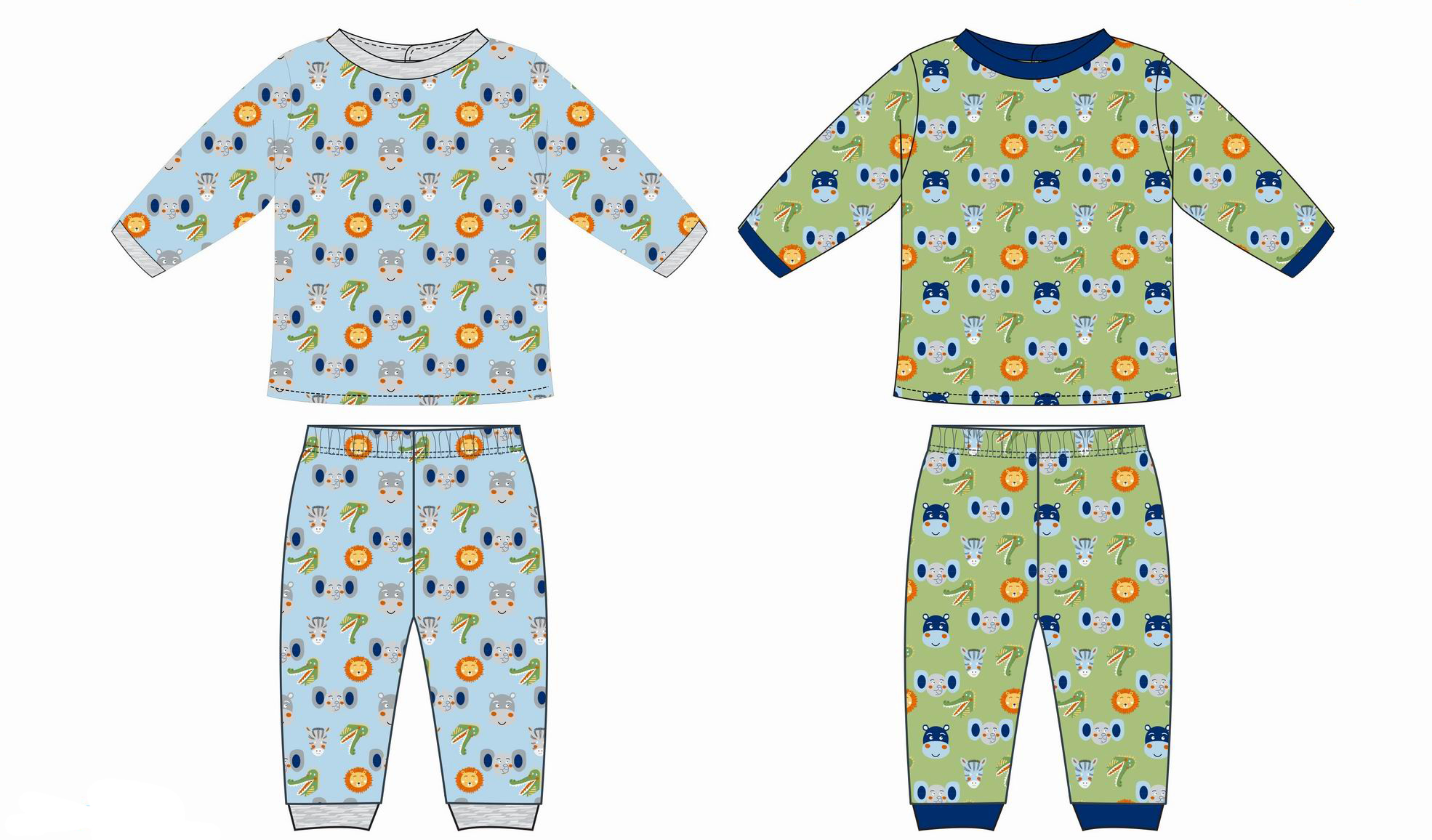 Boy's 2 PC. Rib Pajama Sets w/ Long-Sleeve SHIRT & Pull-On Pants - Safari Animal Print - Sizes 12M-2