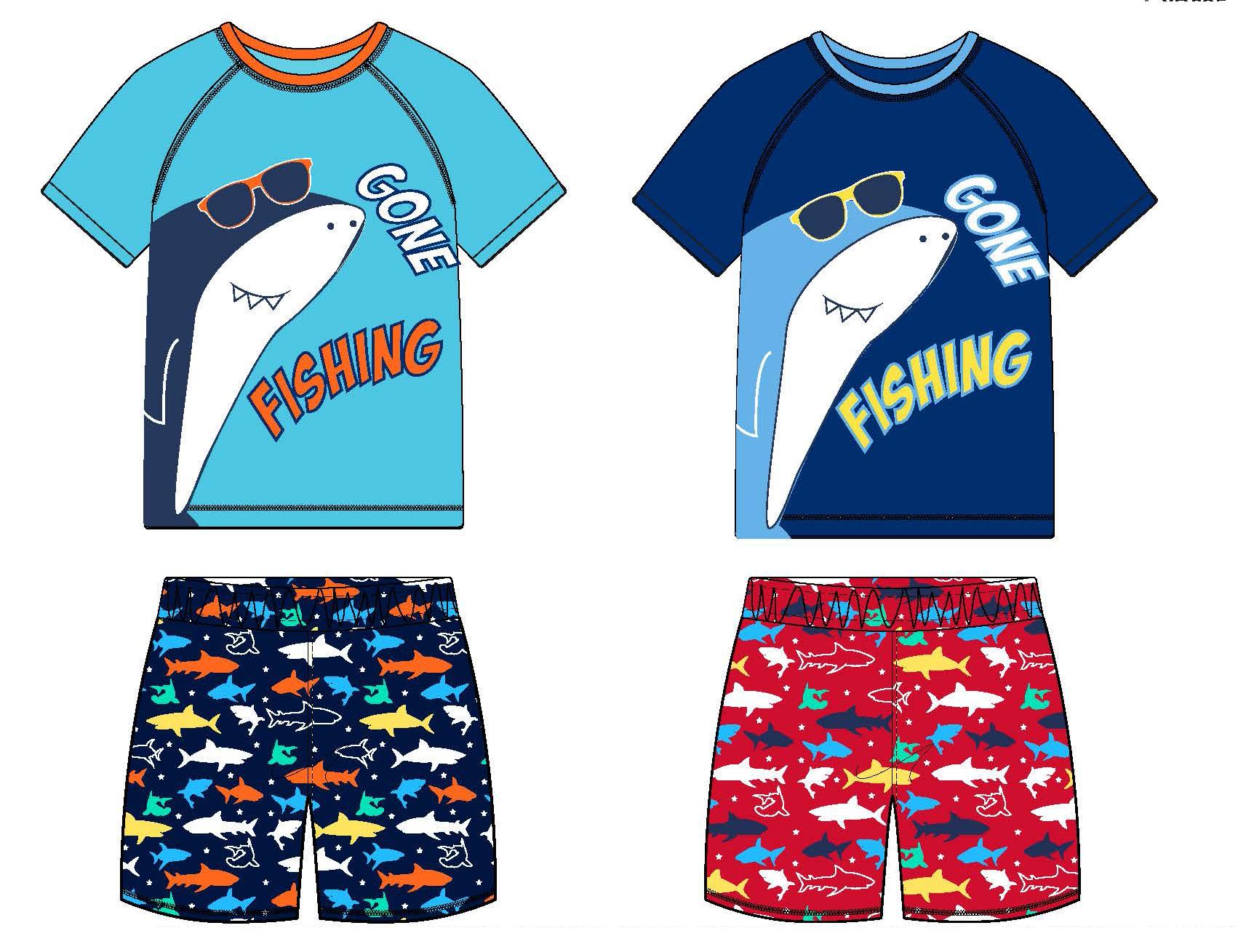 Boy's 2PC. Swim Set w/ Short-Sleeve Rash Guard & Swim Trunks - Gone FISHING Shark - Ages 5-7