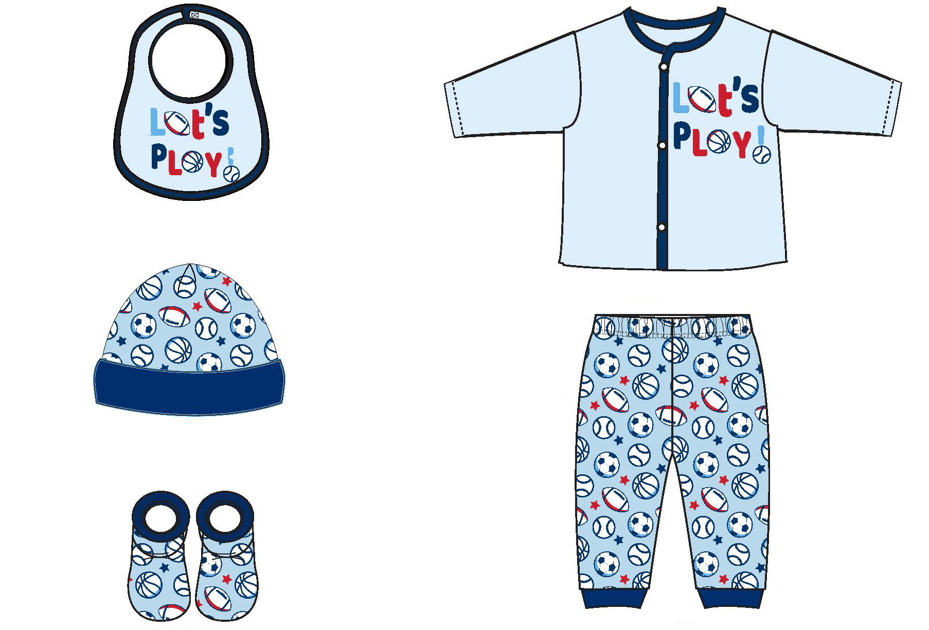5 PC. Baby Boy's Printed Cardigan & Apparel Sets w/ Let's Play Sports Print