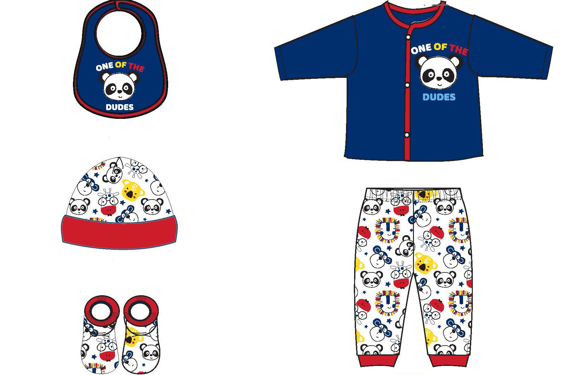 5 PC. Baby Boy's Printed Cardigan & Apparel Sets w/ One Of The Dudes Panda Print