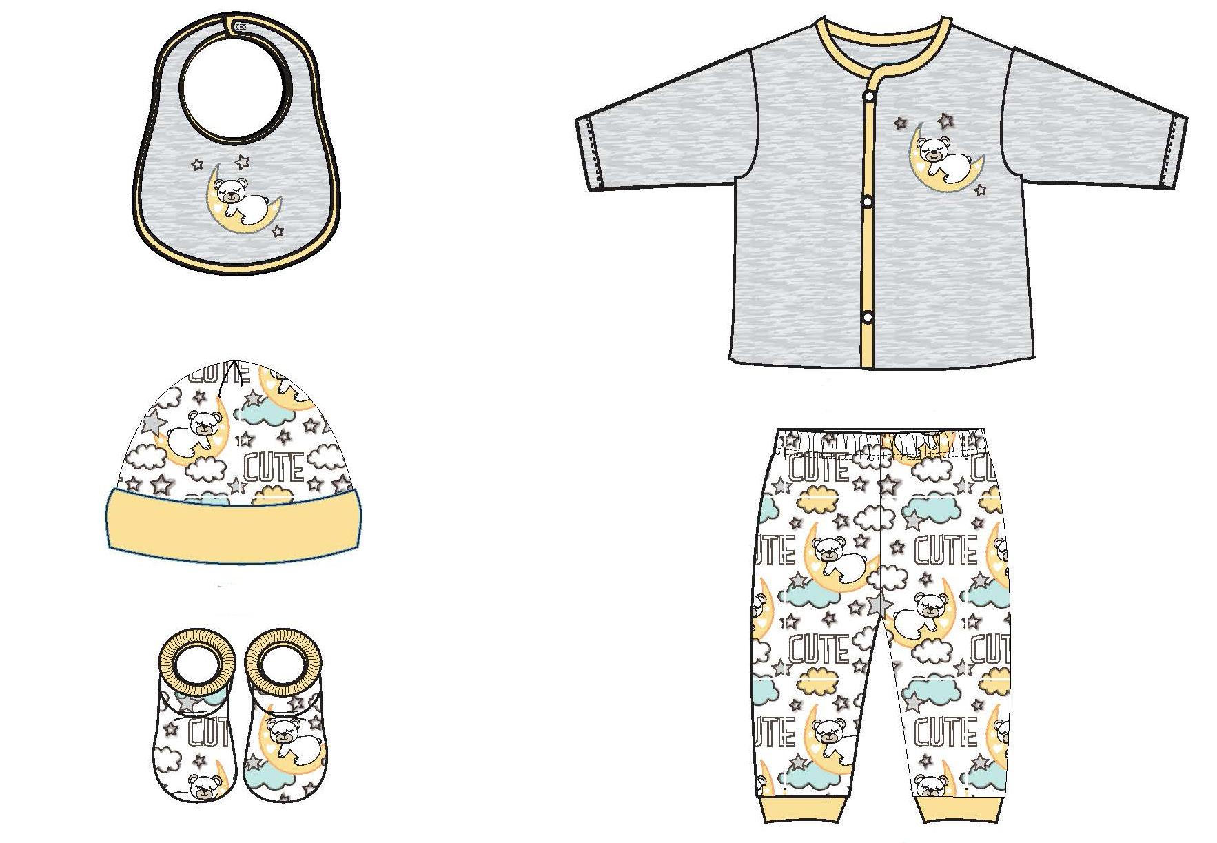 5 PC. Baby Boy's Printed Cardigan & Apparel Sets w/ Cute Sleepy Bear & Night Sky Print