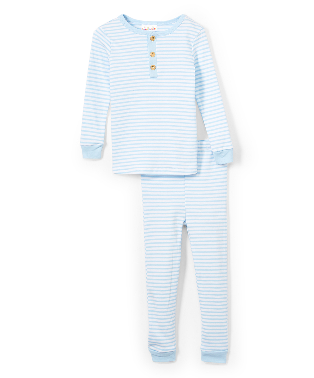 Boy's Long-Sleeve Striped Printed Pajama Sets - Light Blue - Sizes 6-10